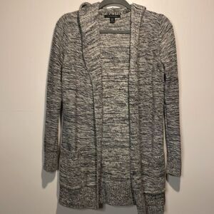 Tahari- Marled Knit Hooded Longline Open-Front Cardigan in Grey- Size S
